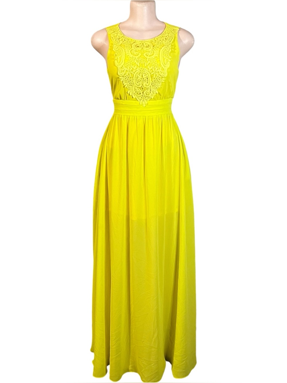 Yellow Chiffon Maxi Dress Sz S Open Back Crochet Boho Cottagecore